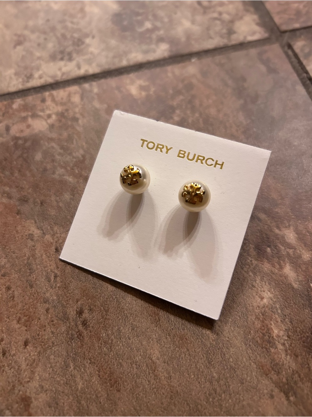 Tory Burch Cream Pearl Stud Earrings with Gold Logo